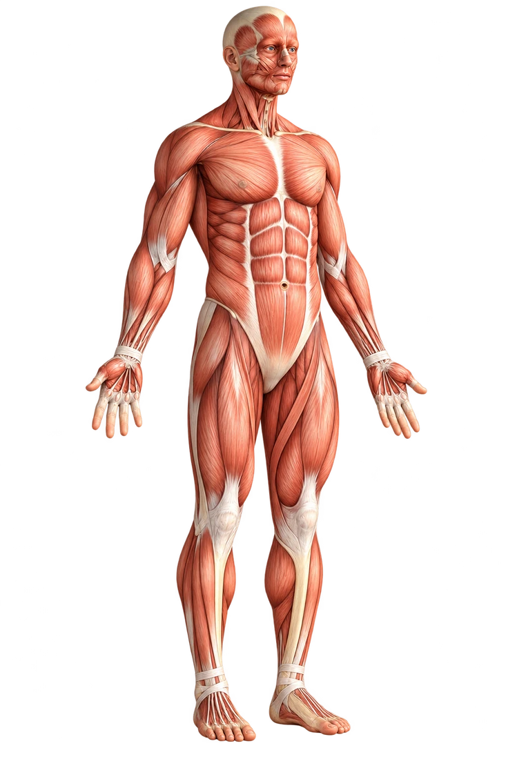Detaillierte anatomische Illustration eines Körpers mit sichtbarer Muskulatur
