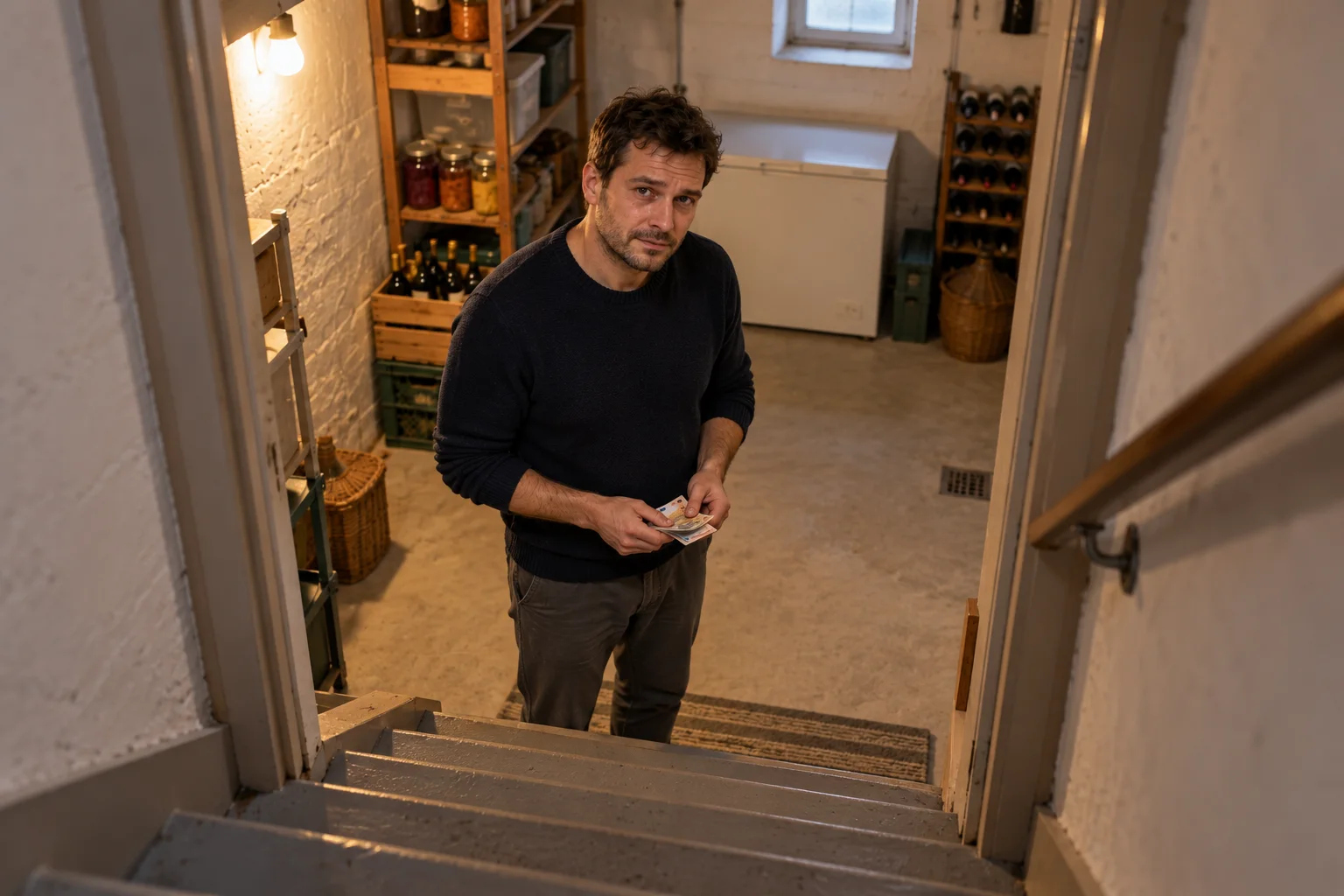 Blick die Kellertreppe hinunter: Ein Mensch steht unten und hält Geld in den Händen.